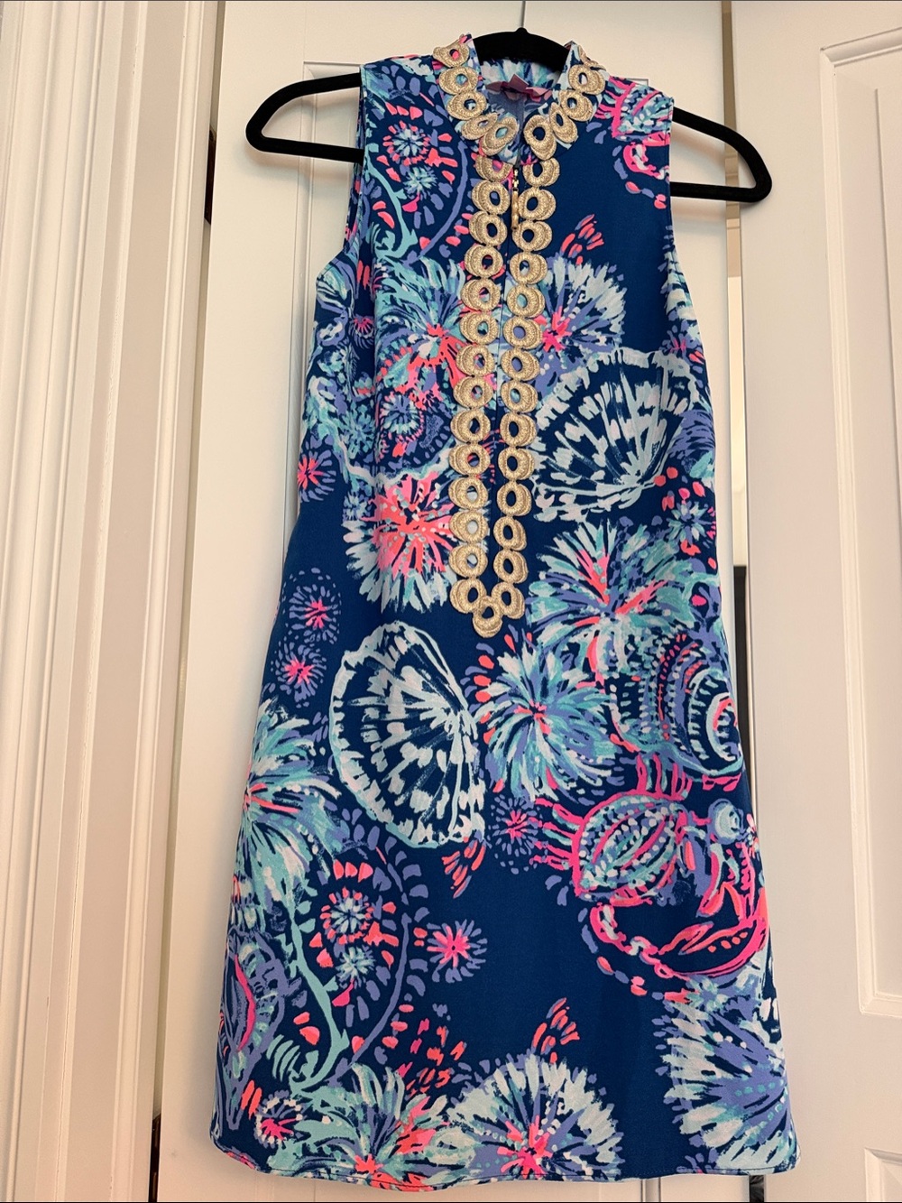 Lilly Pulitzer Jane Deep Indigo Gypsea Girl Gold Lace Sleeveless Shift Dress